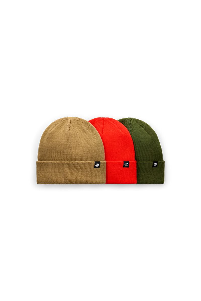 3-pack roll-up beanies: tan, red, dark green knit caps with folded cuffs