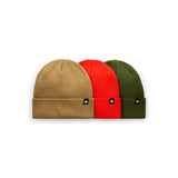 3-pack roll-up beanies: tan, red, dark green knit caps with folded cuffs