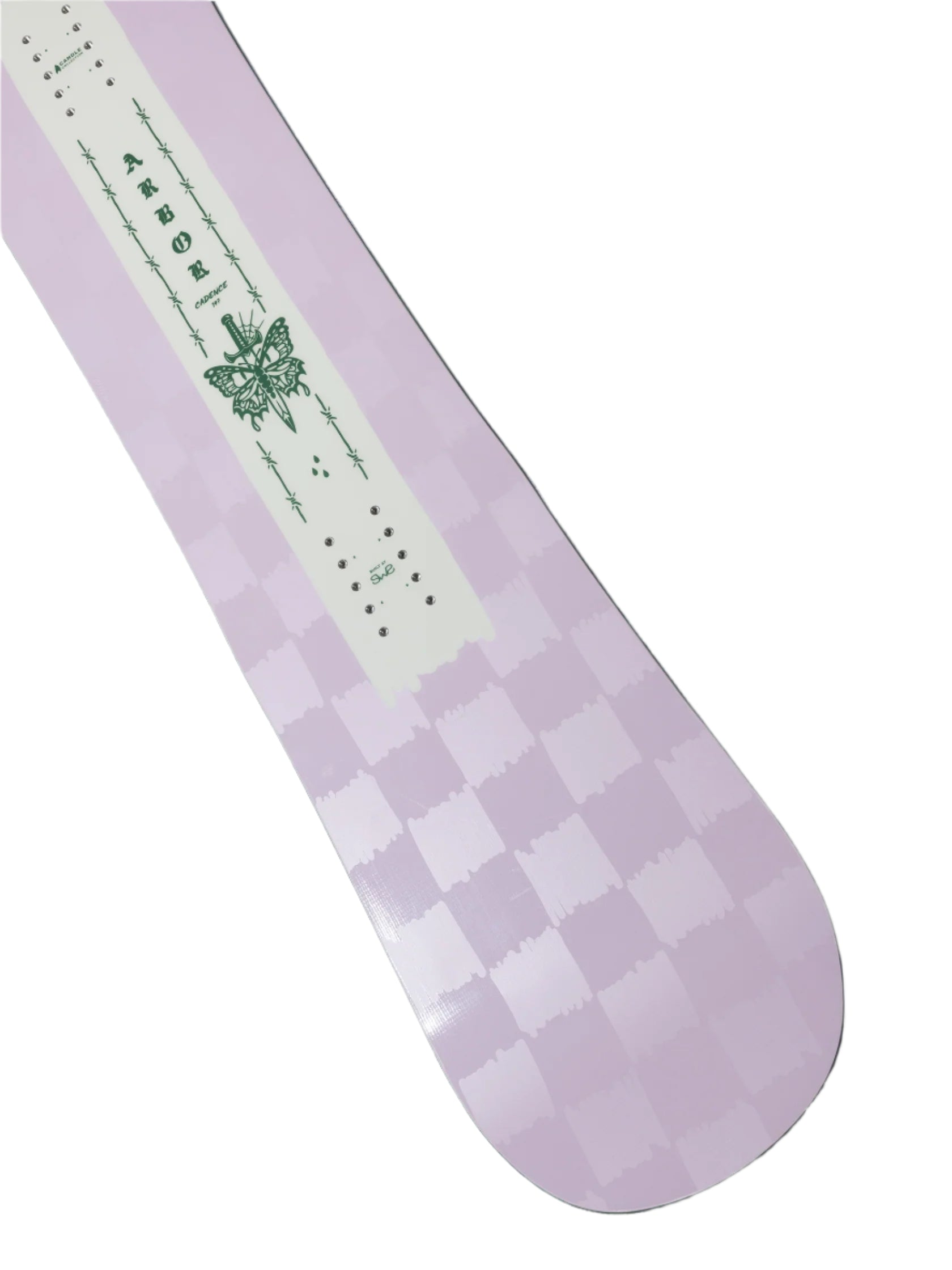 Arbor Women's Cadence Snowboard 2026 - A light purple snowboard with a checkered pattern and a butterfly logo on the top left corner.