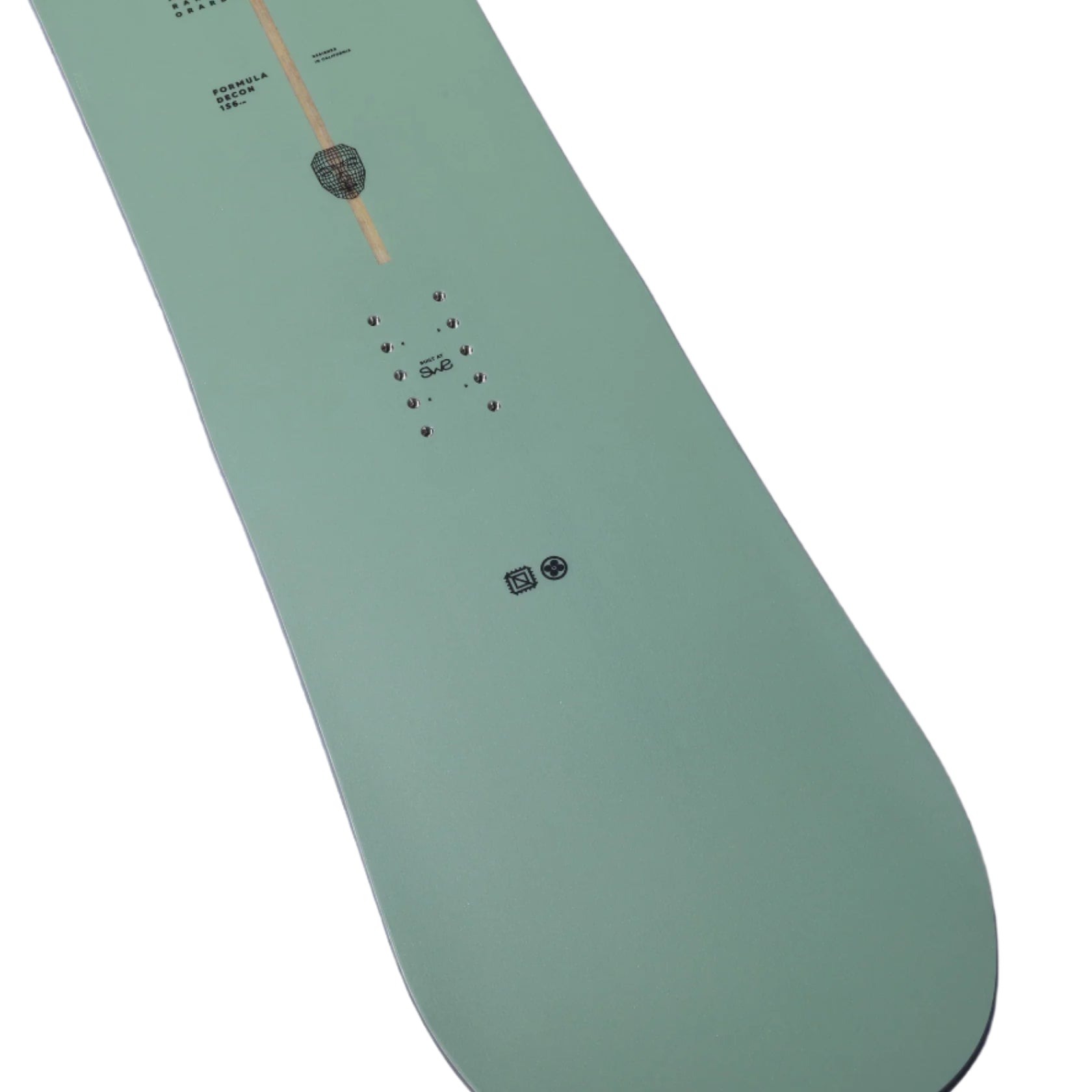 Arbor Formula Decon 2026 - A light green snowboard with a brown stripe down the middle and small black dots on either side of it.