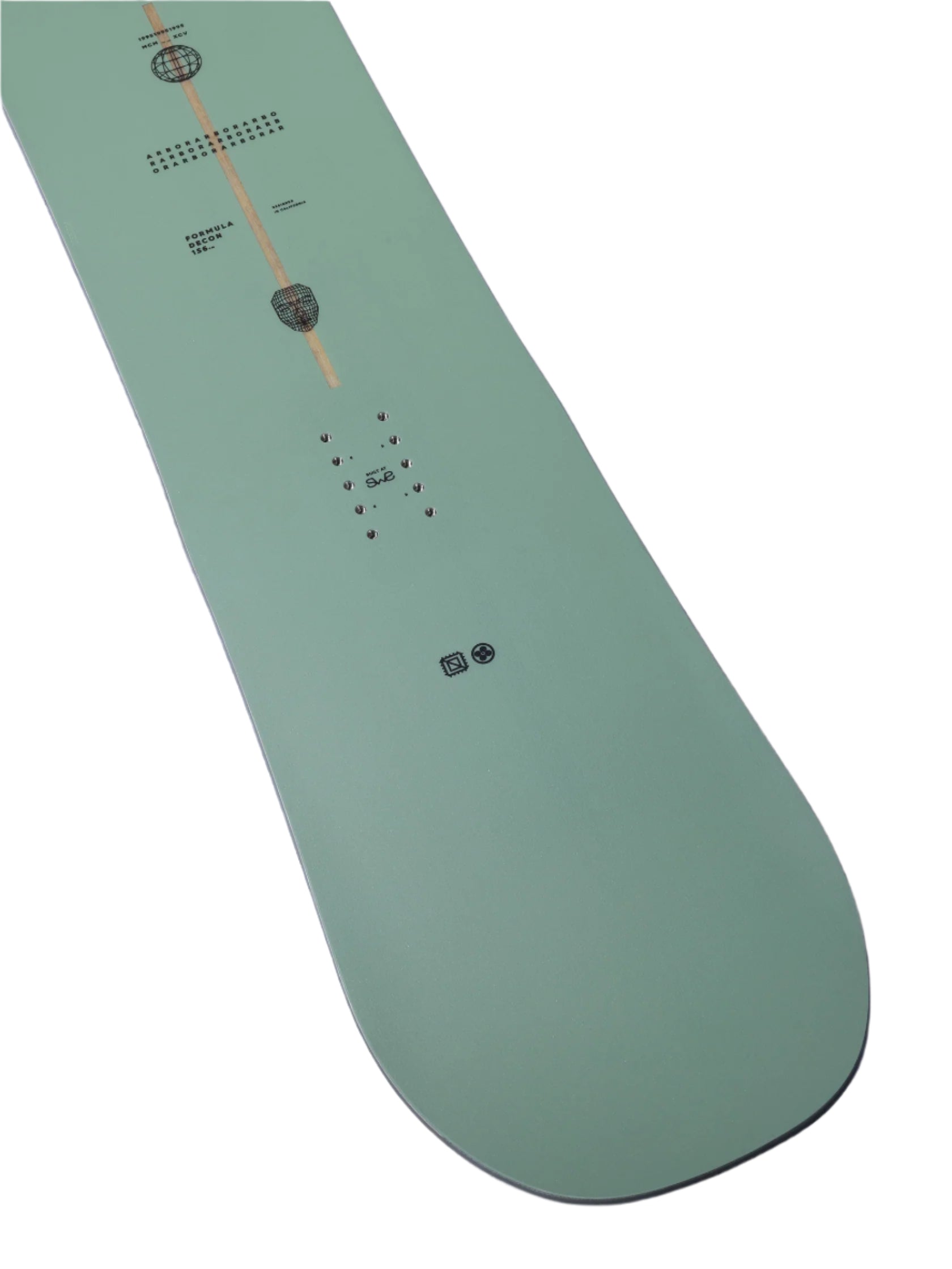Arbor Formula Decon 2026 - A light green snowboard with a brown stripe down the middle and small black dots on either side of it.