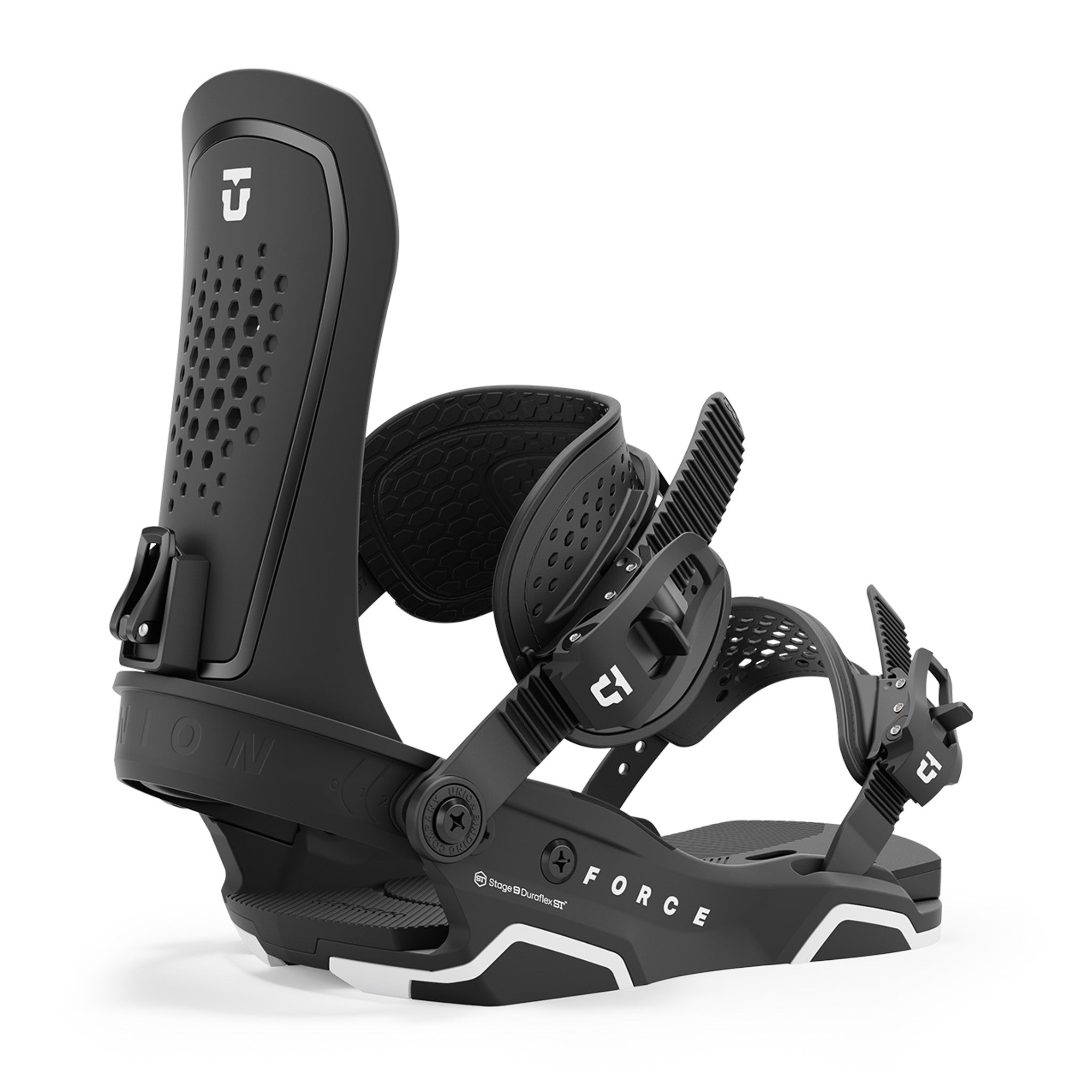 Union Force - Black snowboard bindings with white lettering on straps.