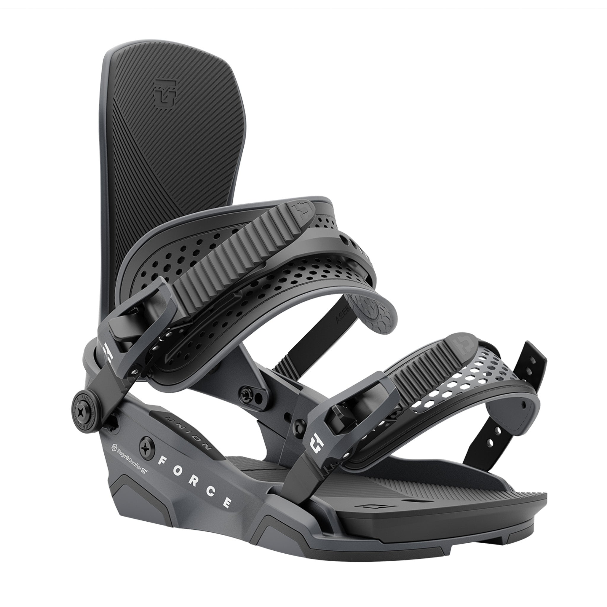 Union Force Snowboard Bindings - Black snowboard bindings with a textured strap and a black plastic base plate.
