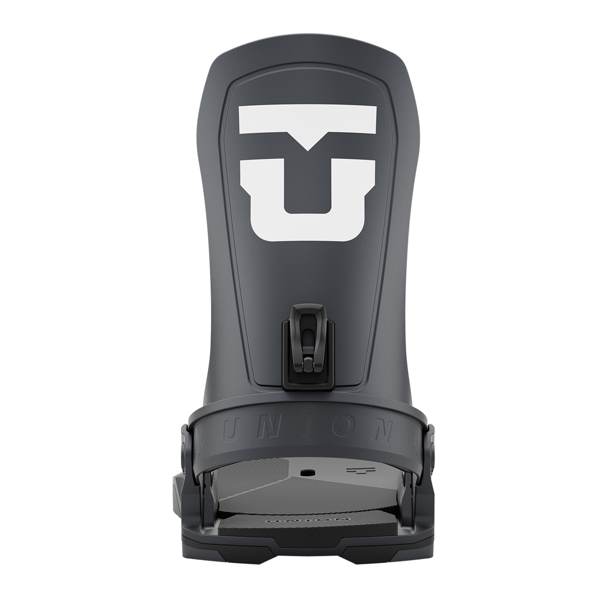 Union Force Snowboard Bindings 2025 - A black snowboard binding with a white "U" logo on top, featuring a sleek design and prominent branding.