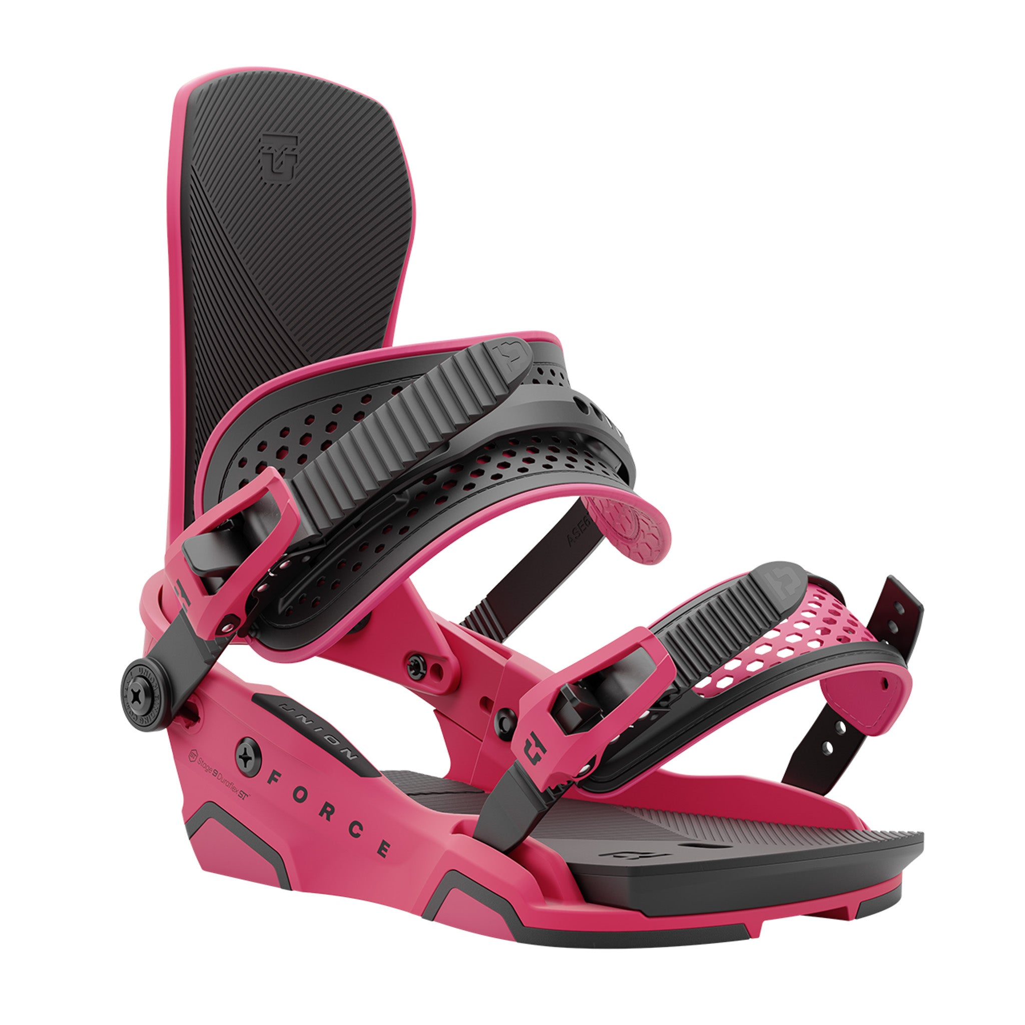 Union Force Snowboard Bindings - 2025 bindings with black straps and buckles on a pink base plate.