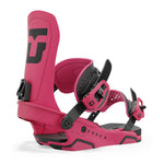 Union Force - Snowboard bindings with black buckles, straps, and screws on a pink base plate.