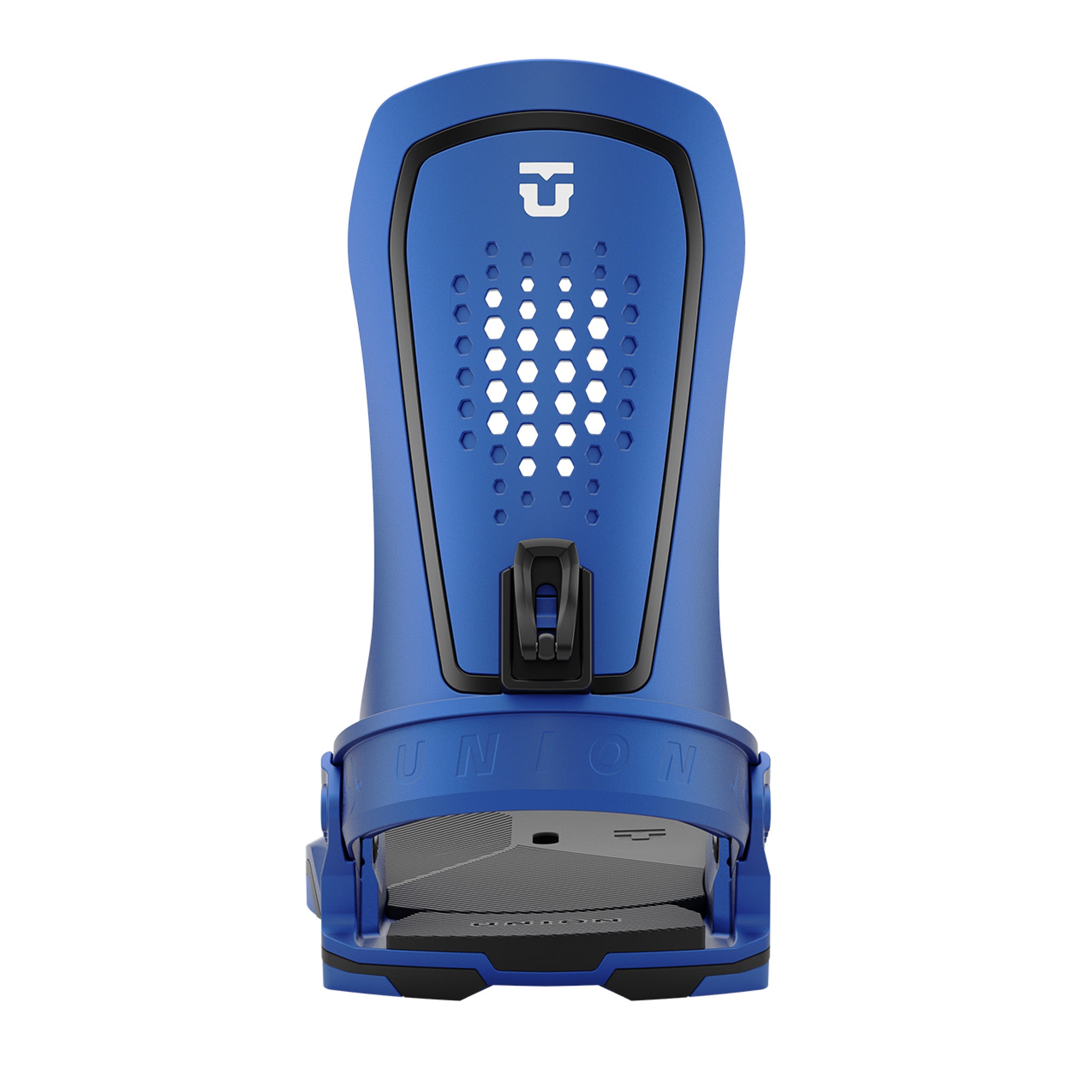 Union Force Snowboard Bindings 2025 - A pair of blue snowboard bindings with a black base and silver screws.