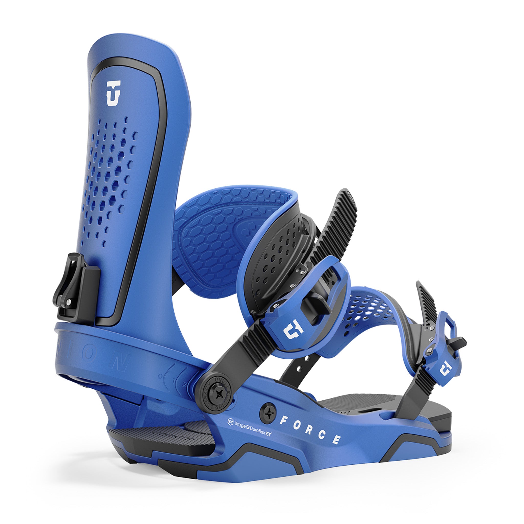 Union Force Snowboard Bindings - A pair of blue snowboard bindings with a black strap and buckle, featuring a honeycomb pattern on the footbed.
