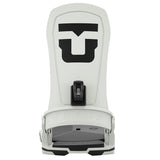 Union Force Snowboard Bindings 2025 - A pair of white snowboard bindings with a black "U" logo on top, featuring a black strap and a gray base plate.