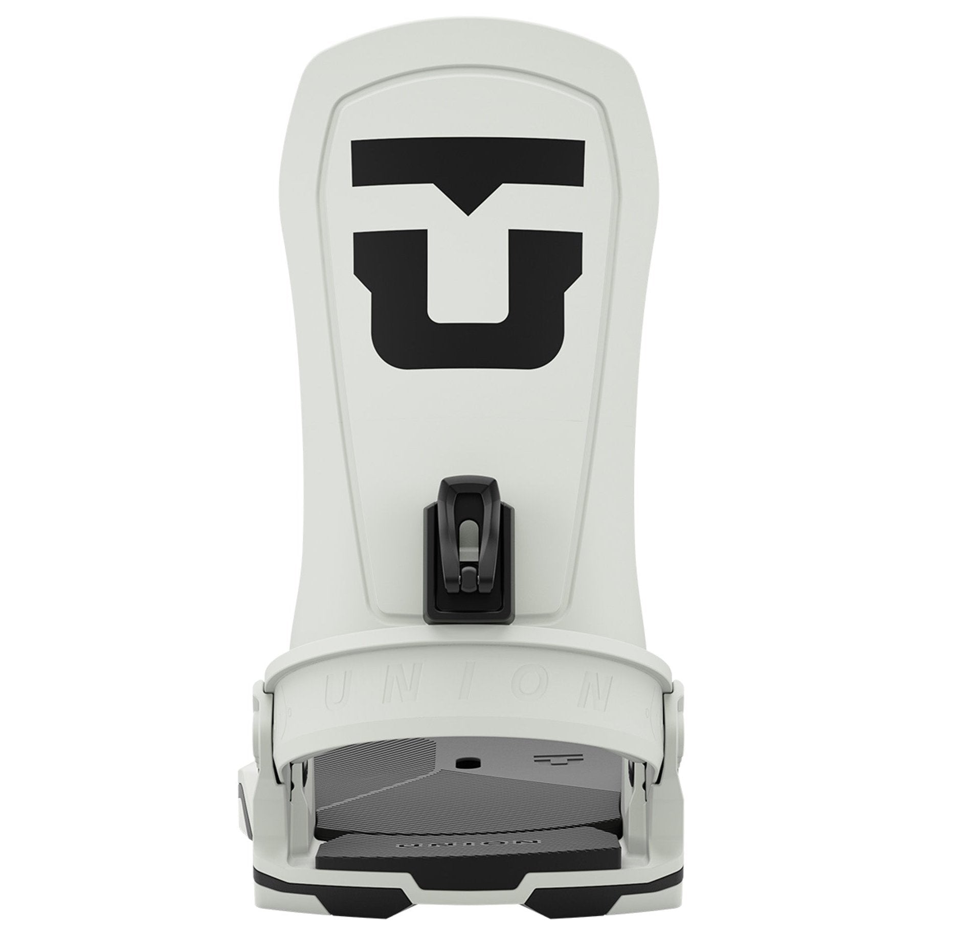 Union Force Snowboard Bindings 2025 - A pair of white snowboard bindings with a black "U" logo on top, featuring a black strap and a gray base plate.