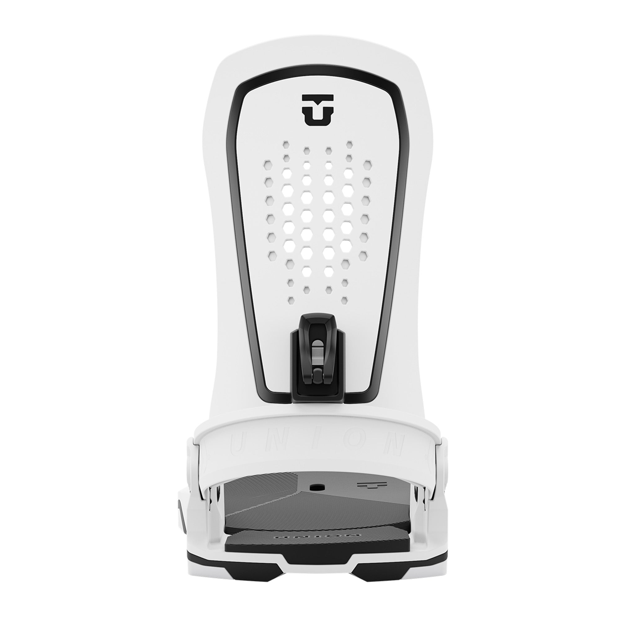Union Force Snowboard Bindings 2025 - A pair of white snowboard bindings with black buckles and straps, featuring a sleek design with a prominent "U" logo on top.