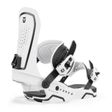 Union Force Snowboard Bindings - White bindings with black buckles, straps, and logos.