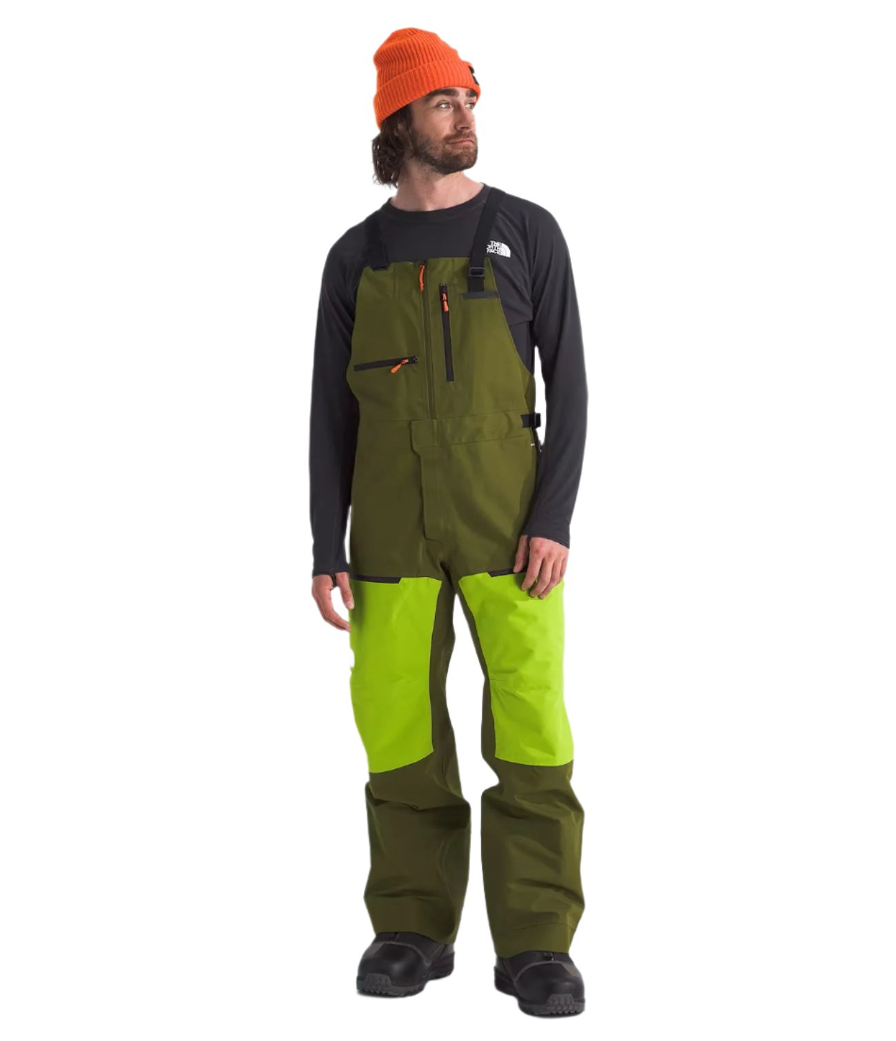 North Face Men's Ceptor Shell Bib - A dark green bib with a black zipper and two zippered pockets on the front.