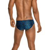 Speedo Race Maze Brief Swimsuit - A blue and black maze patterned brief swimsuit with a solid white waistband.