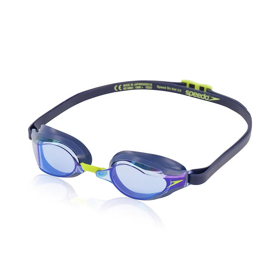 Speedo Speed Socket 2.0 Mirrored Swim Goggle - A pair of mirrored swim goggles with a sleek, modern design and a subtle Speedo logo on the strap.