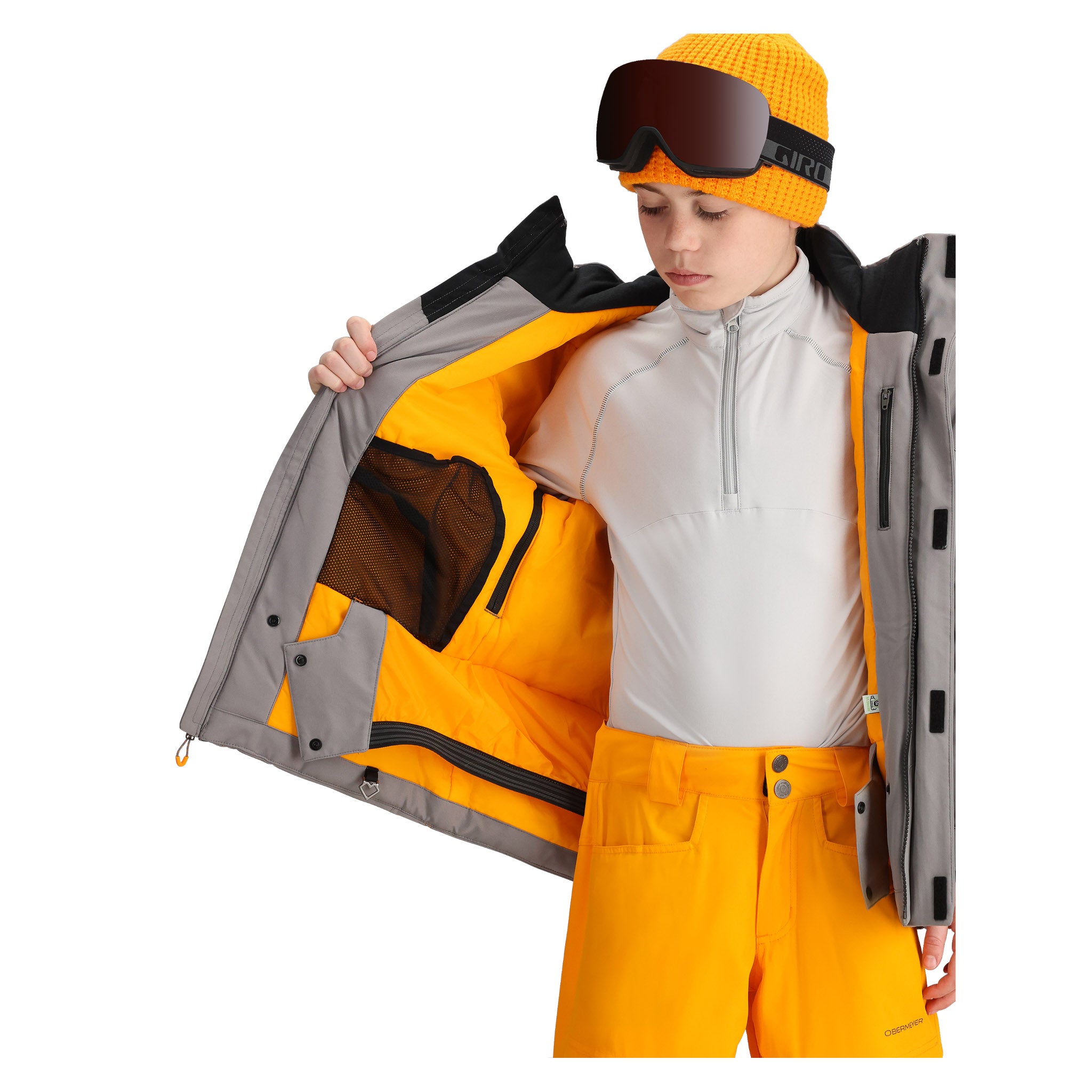 Obermeyer Junior's Insulated Gent's Jacket 2025 - A bright orange jacket with a black hood and gray accents, featuring two zippered pockets on the front.