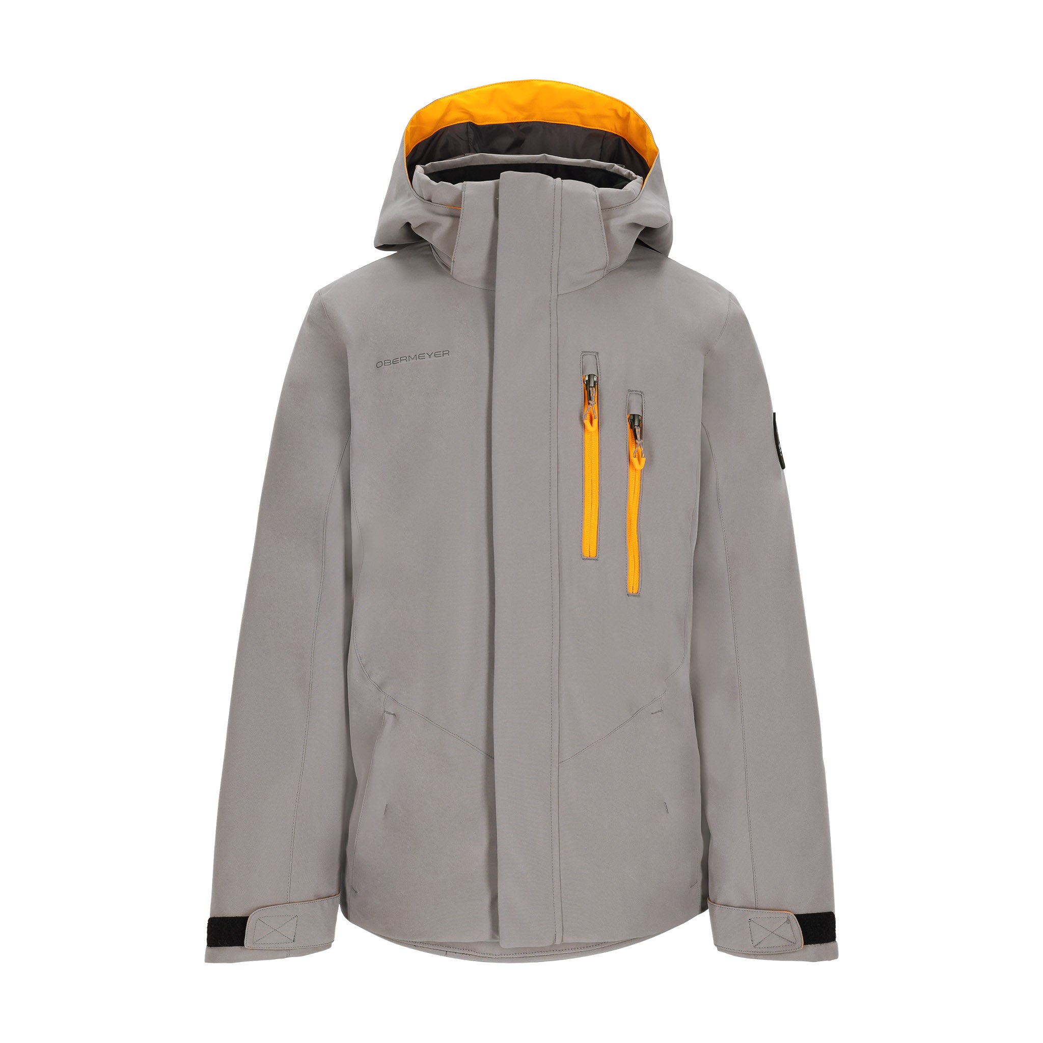 Obermeyer Junior's Insulated Gent's Jacket 2025 - A grey jacket with a yellow zipper and black accents on the hood.