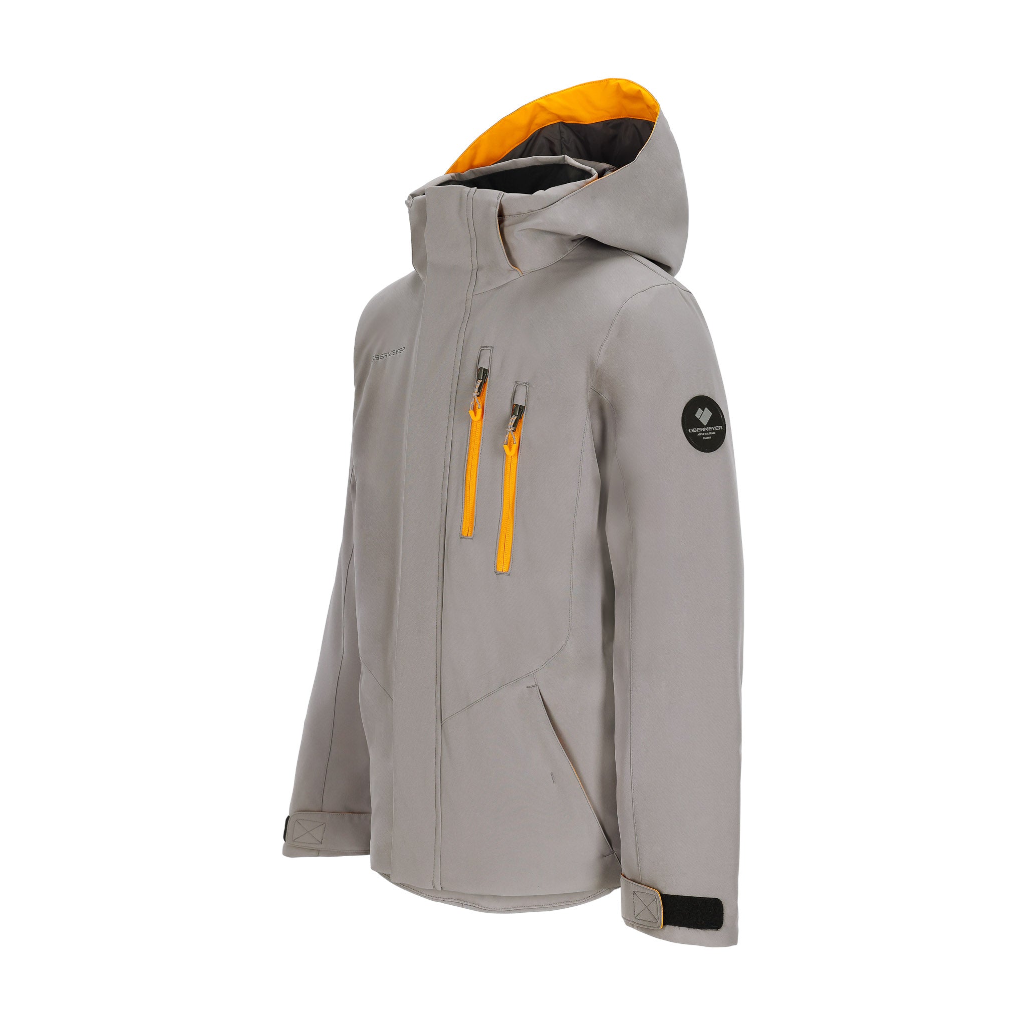 Obermeyer Junior's Insulated Gent's Jacket 2025 - A grey jacket with a yellow zipper and trim, featuring a black logo on the left chest.