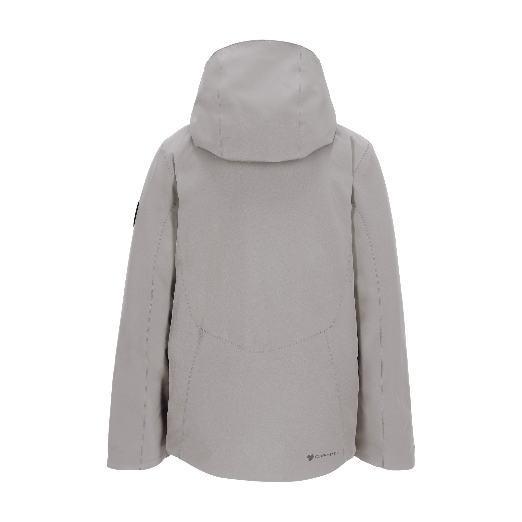 Obermeyer Junior's Insulated Gentleman's Jacket 2025 - A light gray jacket with a hood, featuring black accents on the sleeves and chest.