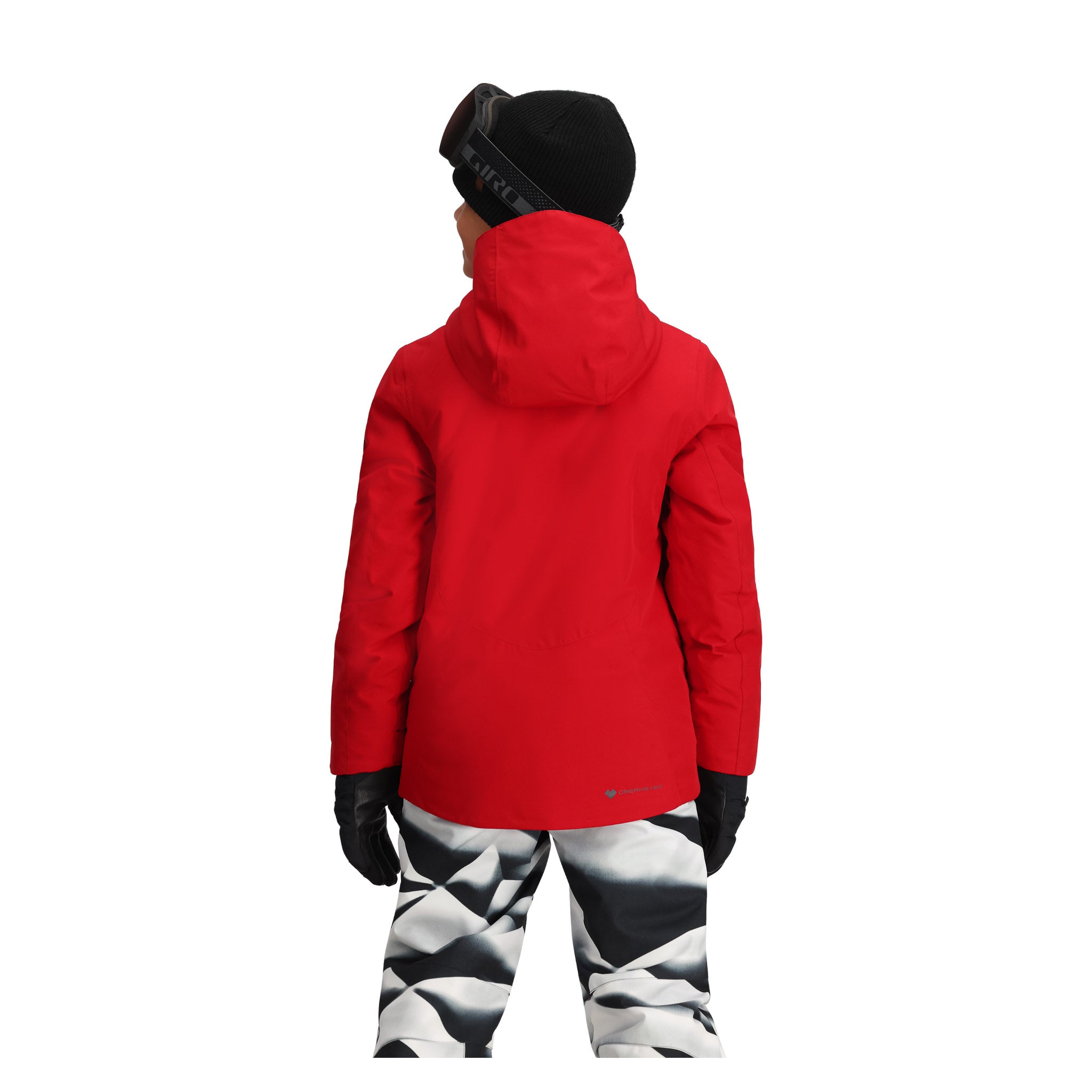 Obermeyer Junior's Insulated Gentleman's Jacket 2025 - A red jacket with a hood, worn by a model from behind.
