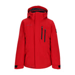 Obermeyer Junior's Insulated Gent's Jacket 2025 - A red jacket with a hood, featuring two zippered pockets on the front and a black zipper running down the middle.