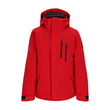 Obermeyer Junior's Insulated Gent's Jacket 2025 - A red jacket with a hood, featuring two zippered pockets on the front and a black zipper running down the middle.