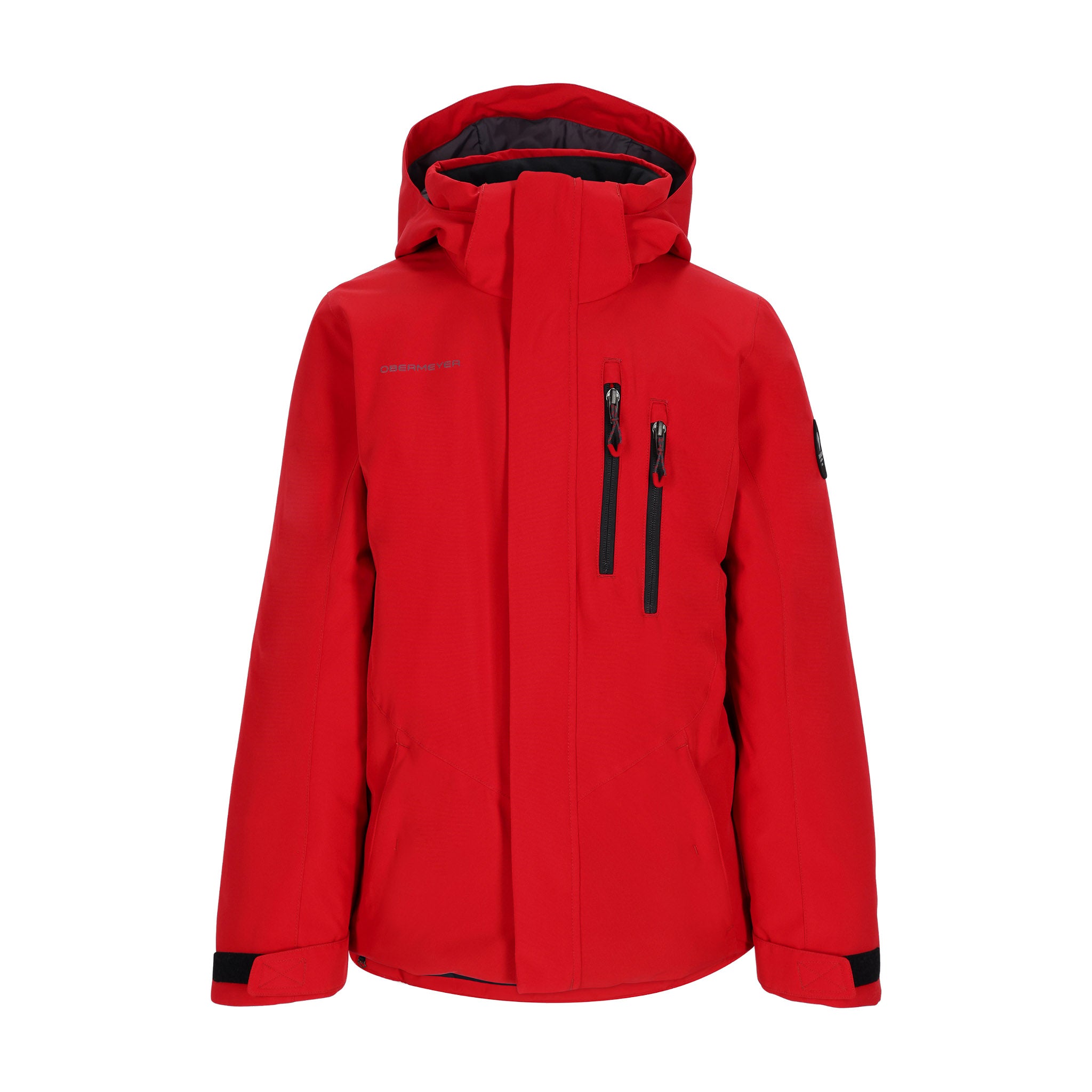 Obermeyer Junior's Insulated Gent's Jacket 2025 - A red jacket with a hood, featuring two zippered pockets on the front and a black zipper running down the middle.