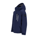 Obermeyer Junior's Insulated Gent's Jacket 2025 - A navy blue jacket with a hood, featuring two zippered pockets on the front and a black logo patch on the left sleeve.