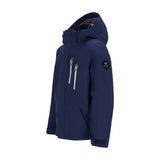 Obermeyer Junior's Insulated Gent's Jacket 2025 - A navy blue jacket with a hood, featuring two zippered pockets on the front and a black logo patch on the left sleeve.