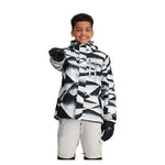 Obermeyer Junior's Insulated Gent's Jacket 2025 - A black and white snowboard jacket with a geometric pattern, featuring a zippered chest pocket and adjustable cuffs.