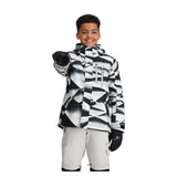 Obermeyer Junior's Insulated Gent's Jacket 2025 - A black and white snowboard jacket with a geometric pattern, featuring a zippered chest pocket and adjustable cuffs.