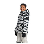 Obermeyer Junior's Insulated Gent's Jacket 2025 - A black and white geometric patterned jacket with a hood, worn by a young boy with short curly hair.