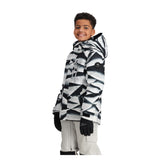 Obermeyer Junior's Insulated Gent's Jacket 2025 - A black and white geometric patterned jacket with a hood, worn by a young boy with short curly hair.