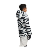 Obermeyer Junior's Insulated Gent's Jacket 2025 - A black and white jacket with a geometric pattern, featuring a hood and long sleeves.