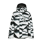 Obermeyer Junior's Insulated Gent's Jacket 2025 - A black and white geometric patterned jacket with a hood, featuring two zippered pockets on the front.