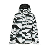 Obermeyer Junior's Insulated Gent's Jacket 2025 - A black and white geometric patterned jacket with a hood, featuring two zippered pockets on the front.