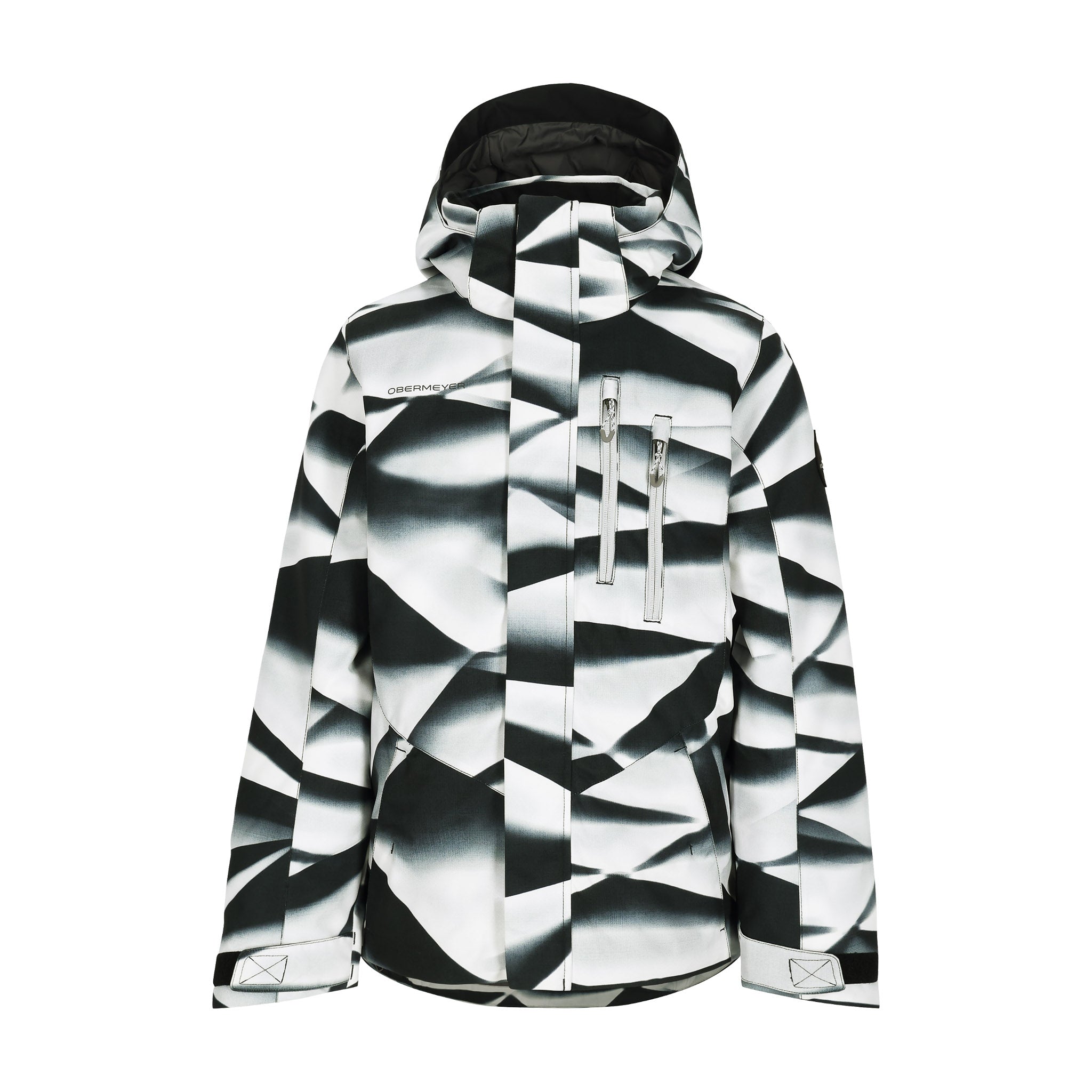 Obermeyer Junior's Insulated Gent's Jacket 2025 - A black and white geometric patterned jacket with a hood, featuring two zippered pockets on the front.