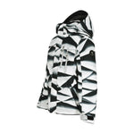 Obermeyer Junior's Insulated Gent's Jacket 2025 - A black and white jacket with a geometric pattern, featuring a hood and two zippered pockets on the front.