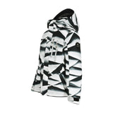 Obermeyer Junior's Insulated Gent's Jacket 2025 - A black and white jacket with a geometric pattern, featuring a hood and two zippered pockets on the front.