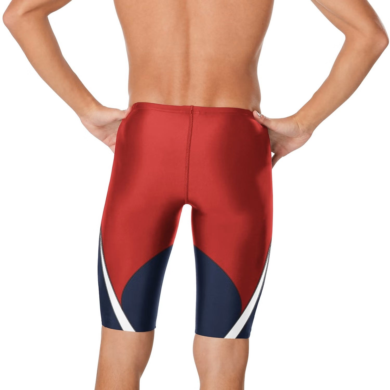 Speedo Edge Splice Jammer Swimsuit - A red swimsuit with a white stripe on the side and a black logo on the hip.