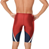 Speedo Edge Splice Jammer Swimsuit - A red swimsuit with a white stripe on the side and a black logo on the hip.