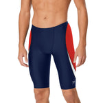 Speedo Edge Splice Jammer Swimsuit - A navy blue swimsuit with a red and white stripe pattern on the side.