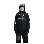 Obermeyer Juniors Mach 15 Insulated Jacket 2025 - A black jacket with a white logo on the left chest and gray accents around the shoulders, elbows, and lower torso.