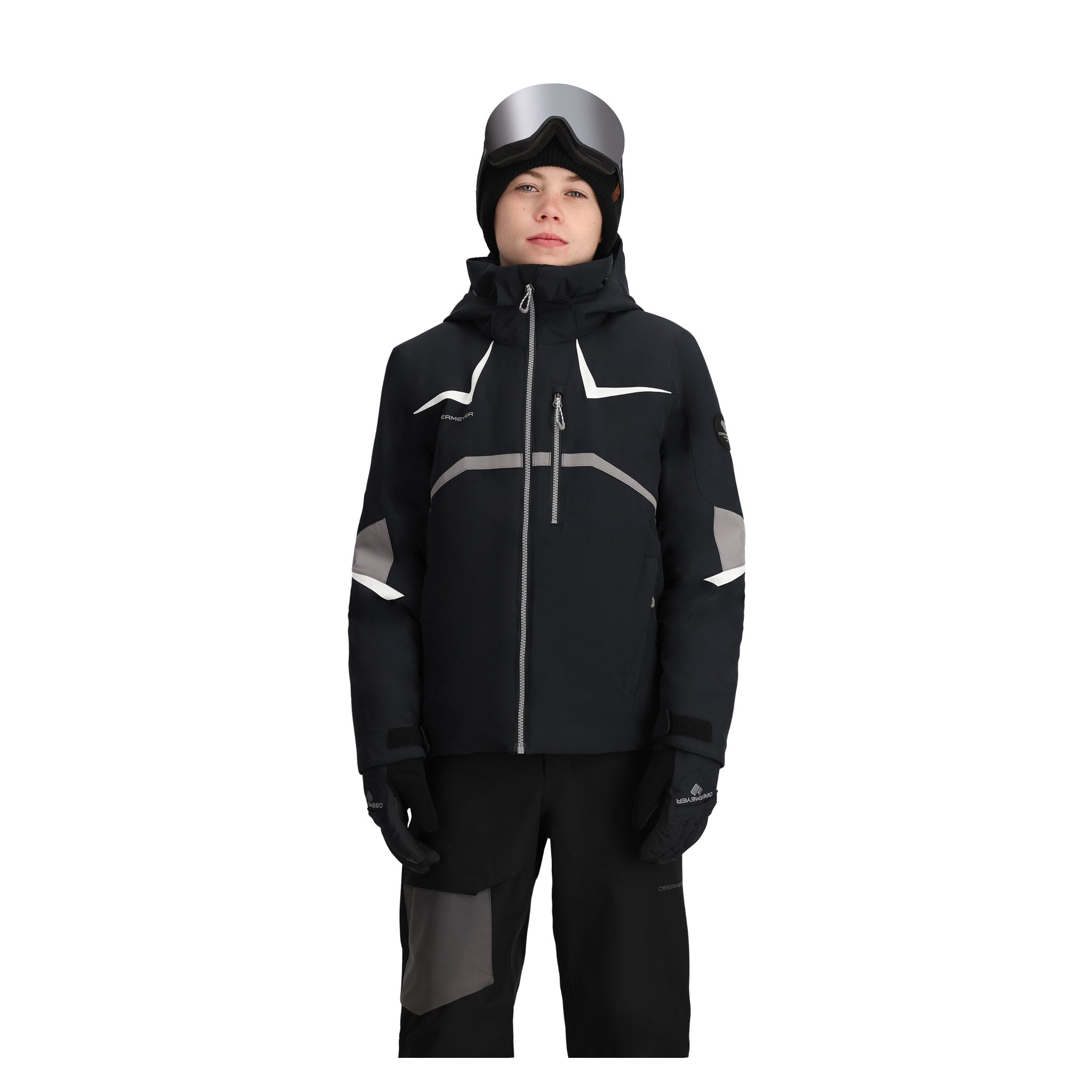 Obermeyer Juniors Mach 15 Insulated Jacket 2025 - A black jacket with a white logo on the left chest and gray accents around the shoulders, elbows, and lower torso.