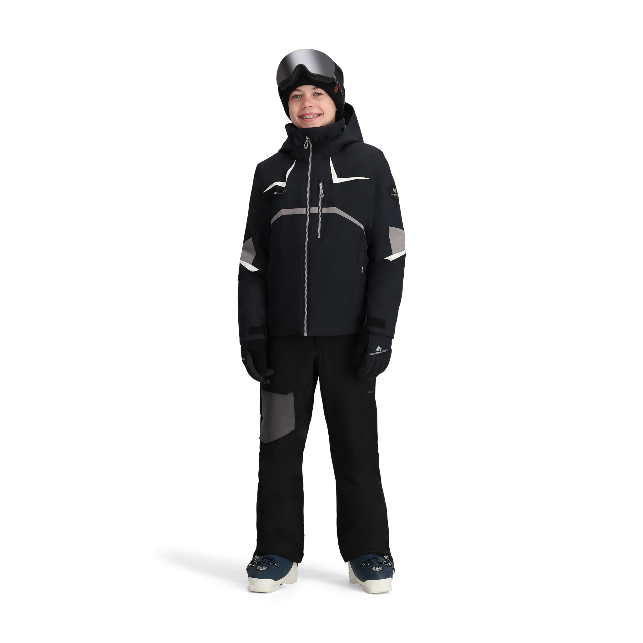 Obermeyer Juniors Mach 15 Insulated Jacket 2025 - Black jacket with white and grey accents, zippered pockets, and a hood.