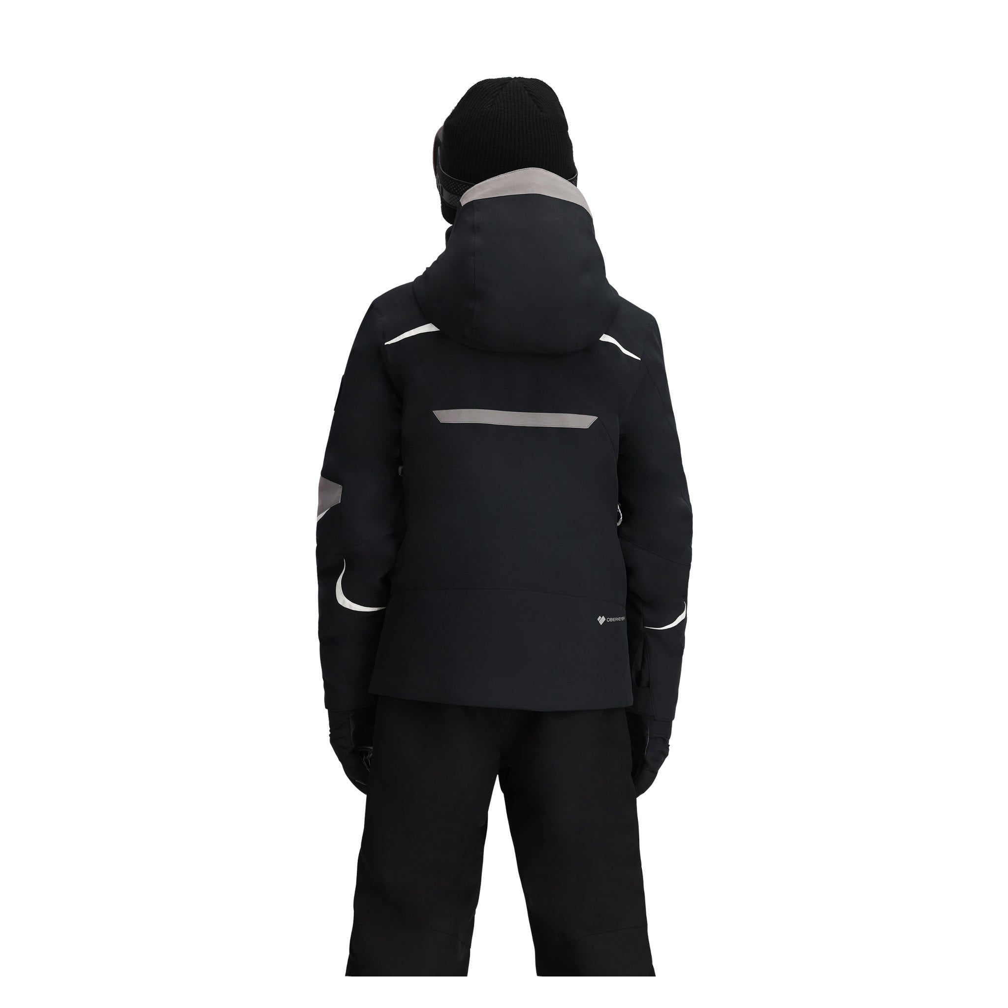 Obermeyer Juniors Mach 15 Insulated Jacket 2025 - A black jacket with a grey stripe on the chest and white accents on the sleeves.