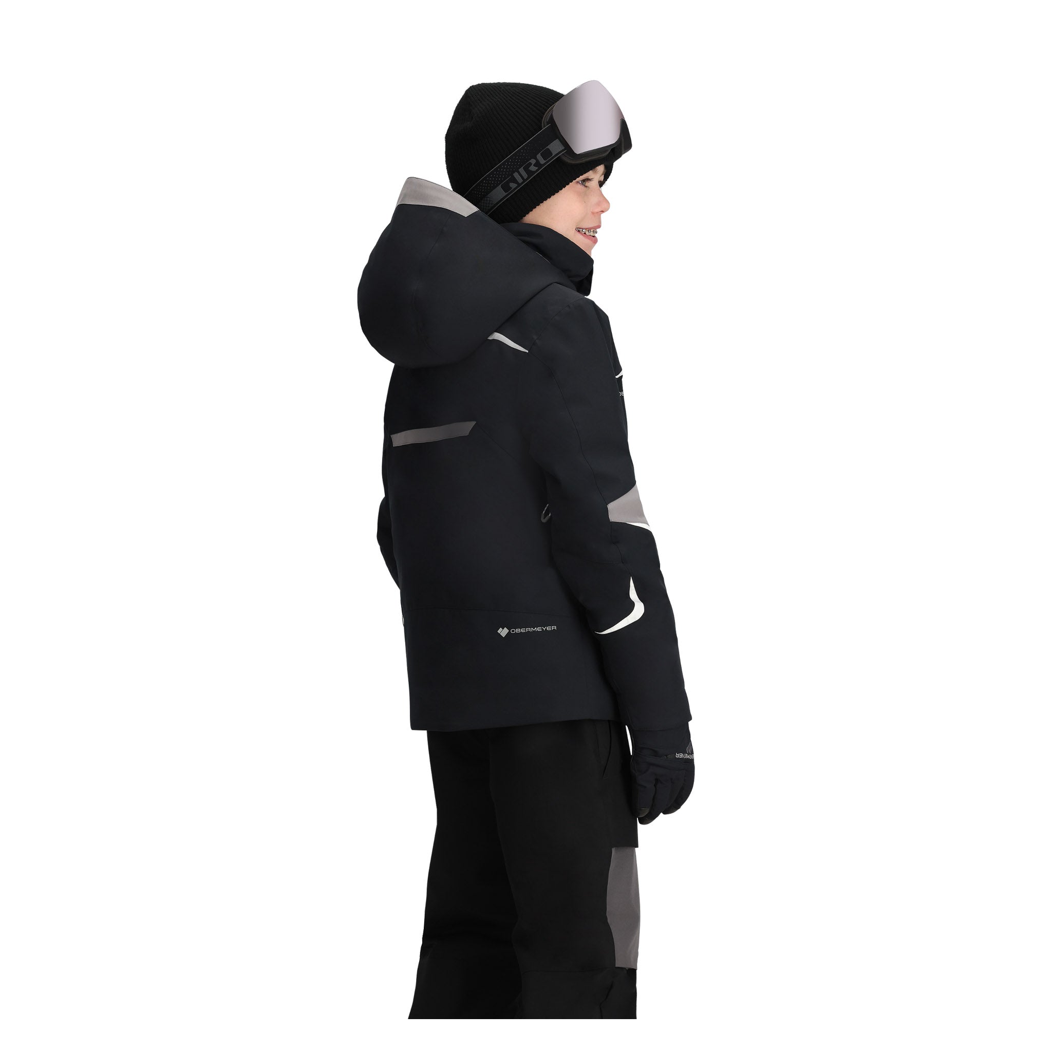 Obermeyer Juniors Mach 15 Insulated Jacket 2025 - A black insulated jacket with grey accents and a white logo on the left chest.