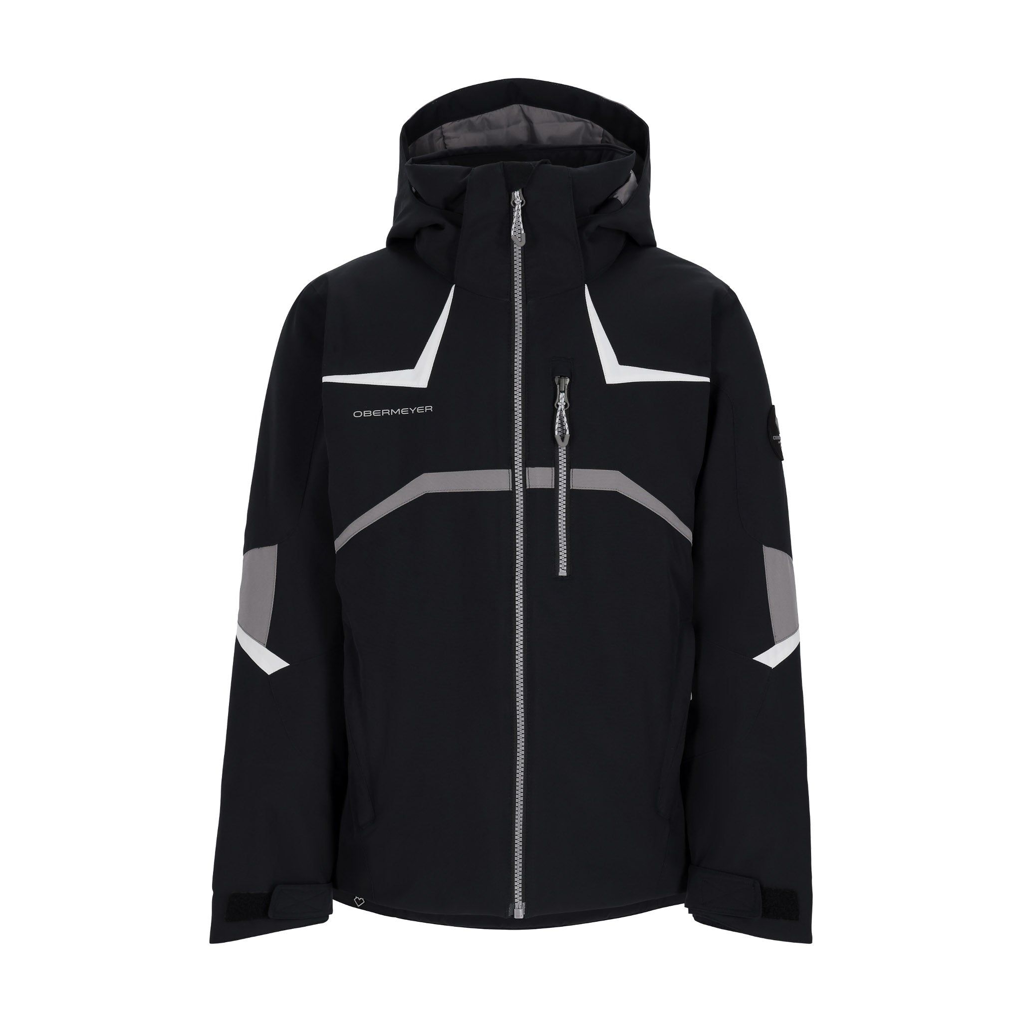 Obermeyer Juniors Mach 15 Insulated Jacket 2025 - Black jacket with white accents and reflective striping on sleeves.