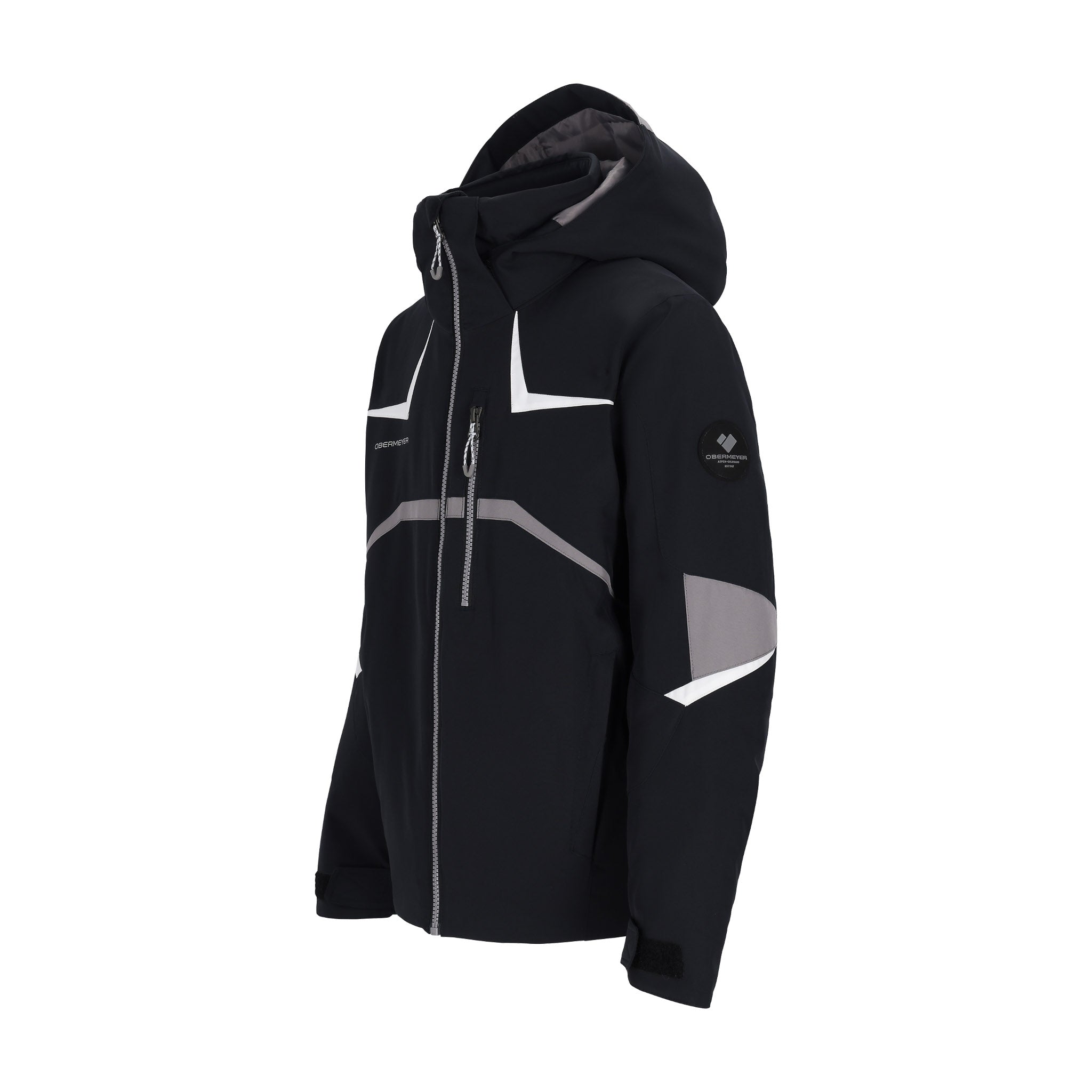 Obermeyer Juniors Mach 15 Insulated Jacket 2025 - A black jacket with a white logo on the left chest and gray accents around the zipper.
