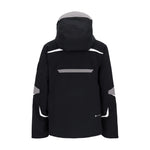 Obermeyer Juniors Mach 15 Insulated Jacket 2025 - A black insulated jacket with a hood, featuring reflective strips on the shoulders and chest.